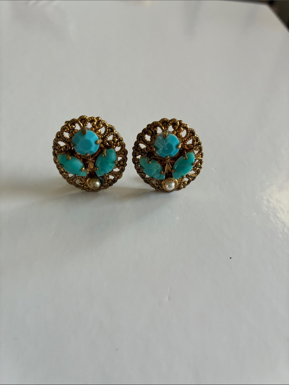 Vintage 1950-1960’s  Turquoise and Gold Filigree Clip-On Earrings - W. Germany